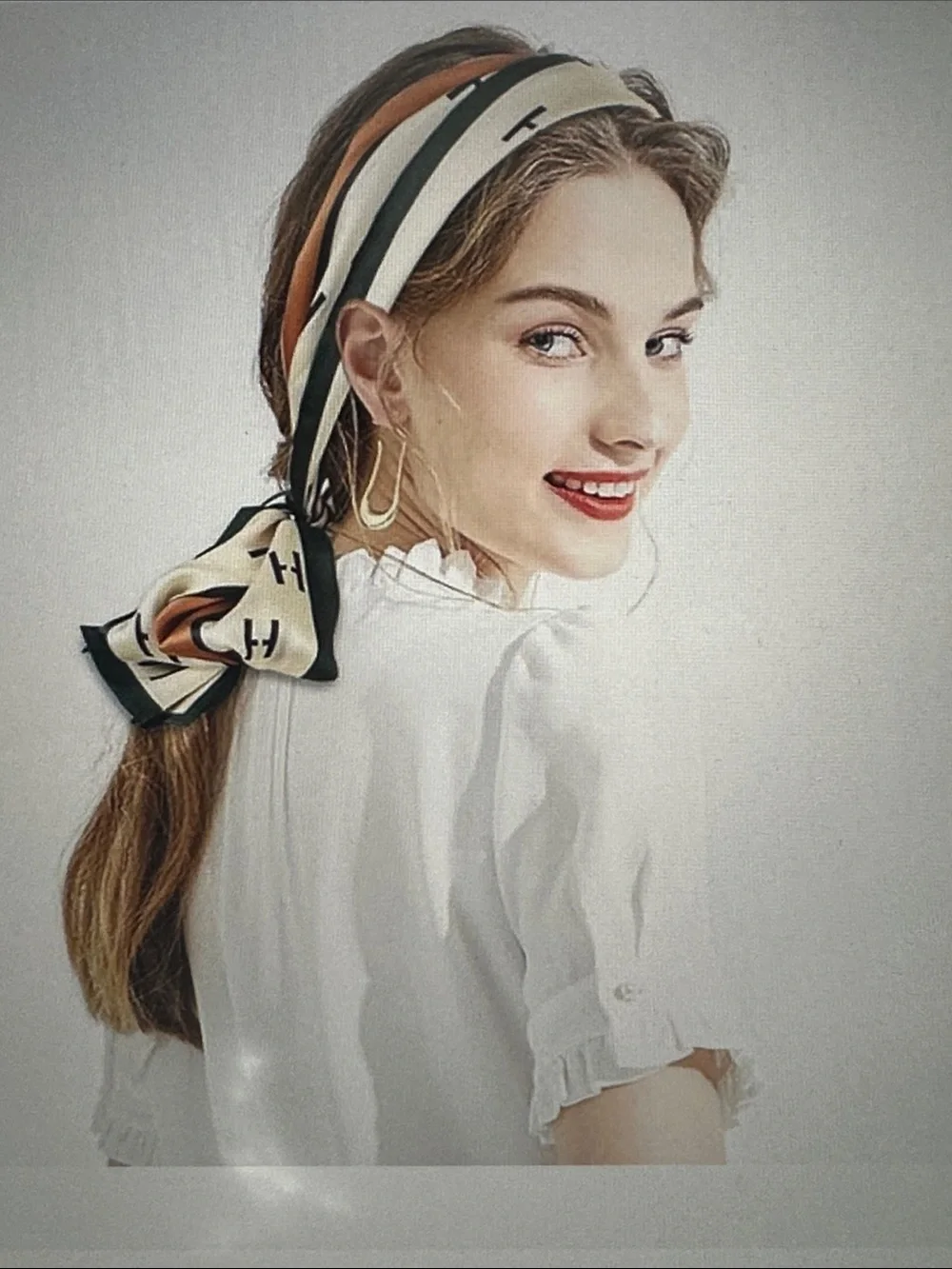 Cream and Camel Silk Scarf with H Pattern